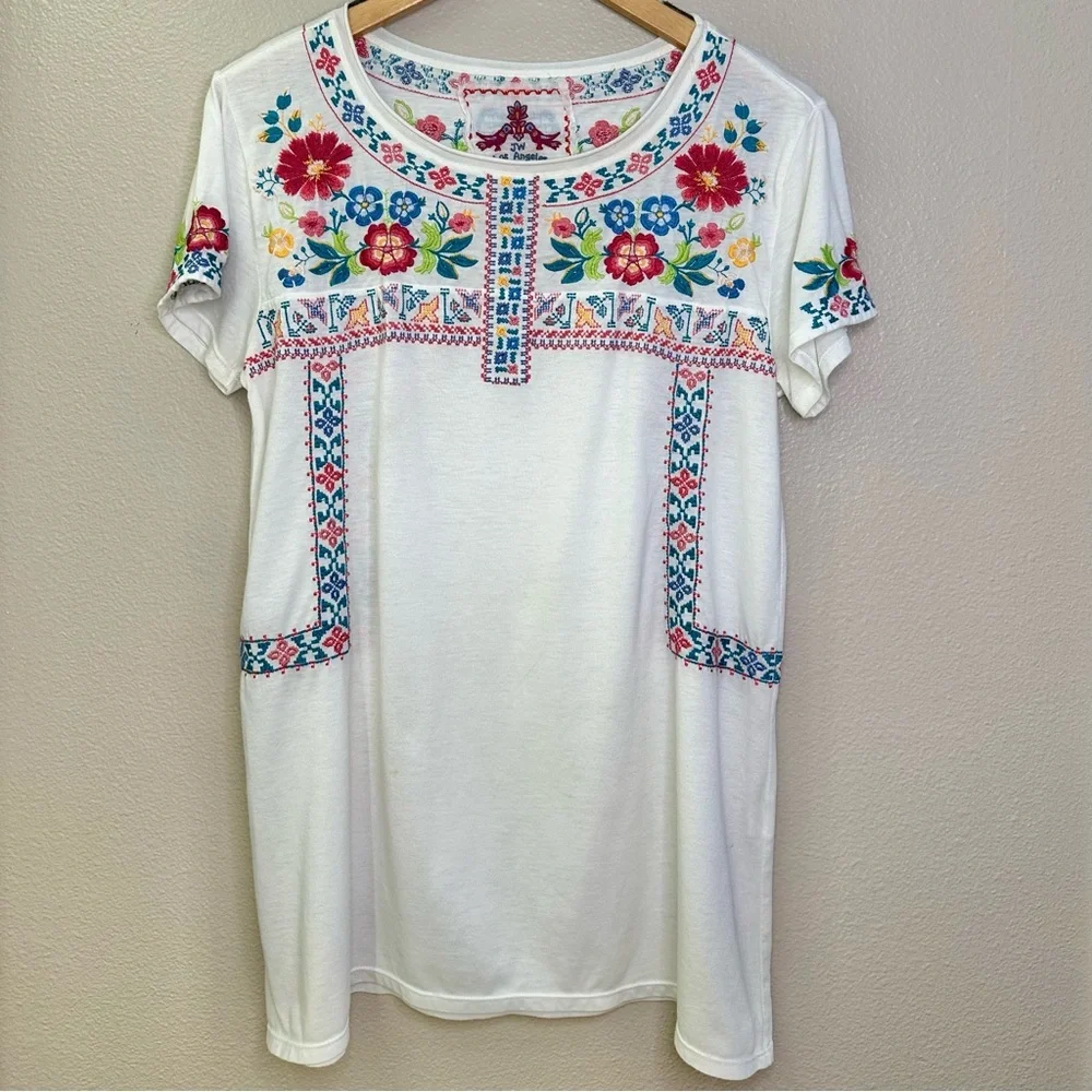 Johnny Was Embroidered Floral Tunic White Short Sleeve Top - Picture 2 of 7